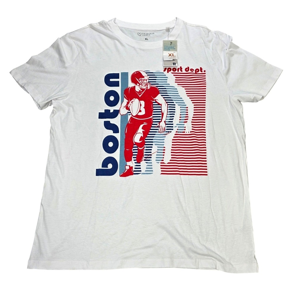 Primark Cares Boston Football Graphic T-Shirt Men's Size XL White Cotton NWT